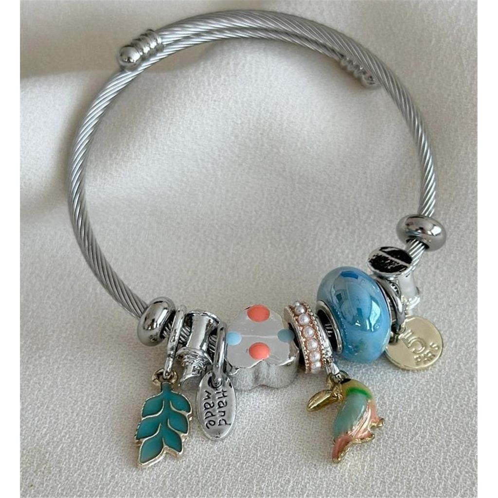 ZeyCan Şık Kadın Pembe Altın Kuş Figürlü Yaprak Motifli Pandora Çelik Charm Bileklik