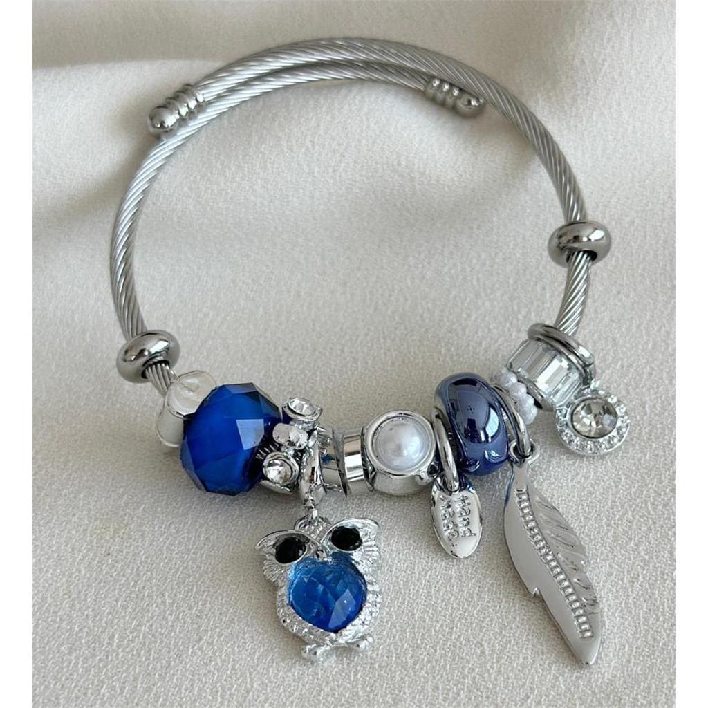 ZeyCan Şık Kadın Gümüş Mavi Baykuş Figürlü Elmas Detaylı Pandora Çelik Charm Bileklik
