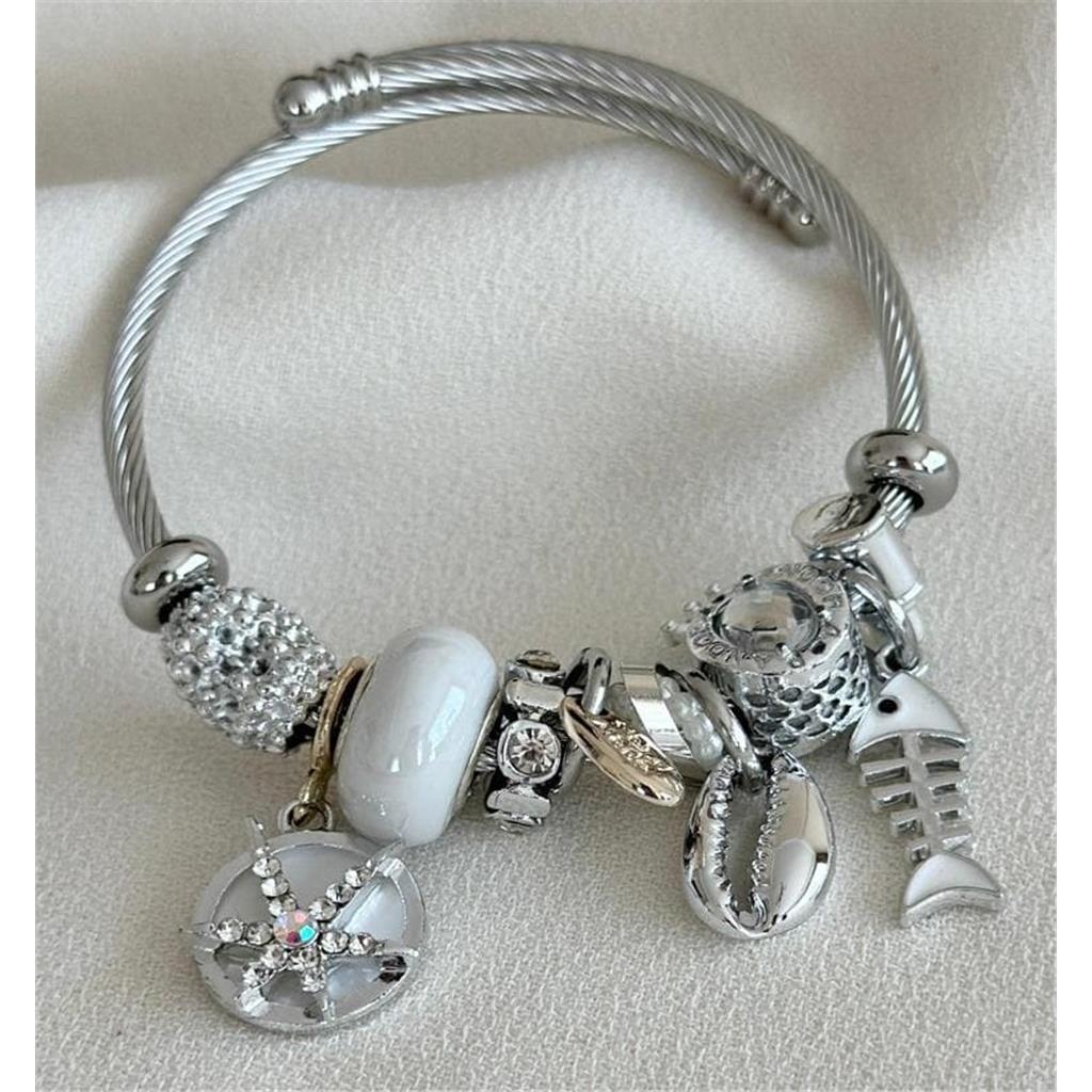 ZeyCan Şık Kadın Zirkon Taşlı Deniz Yıldızı Gümüş Balık İskeleti Temalı Pandora Çelik Charm Bileklik