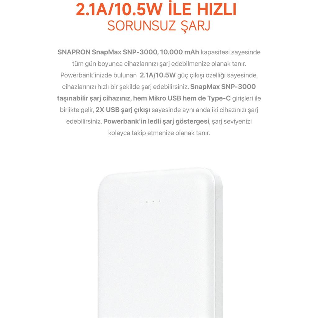 Powerbank Taşınabilir Şarj Aleti Fiyatı Snapron 10.000 Mah 1 Type-C ve 1 Micro Girişli SNP-3000-3001
