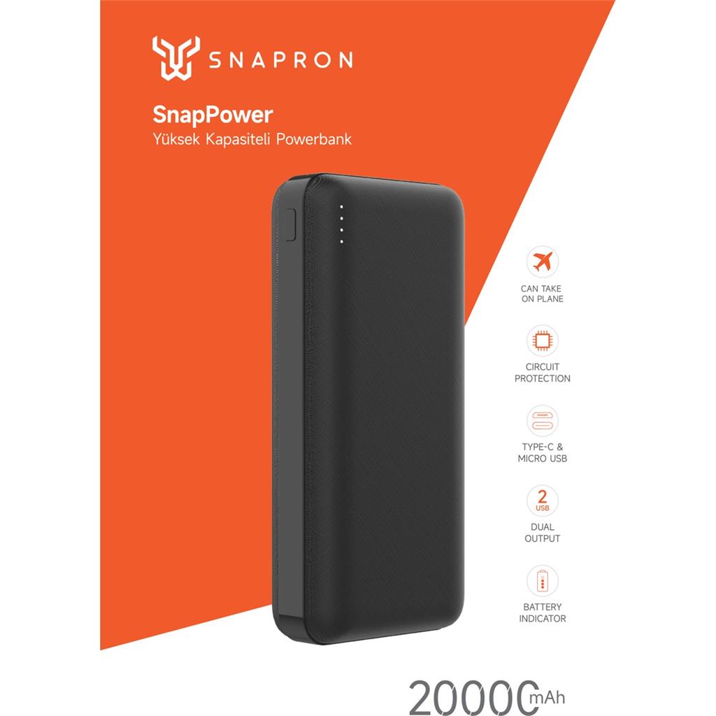 Powerbank ve Taşınabilir Şarj Cihazı Fiyatları  Snapron 20.000 Mah 1type-C Girişli SNP-3002 Siyah