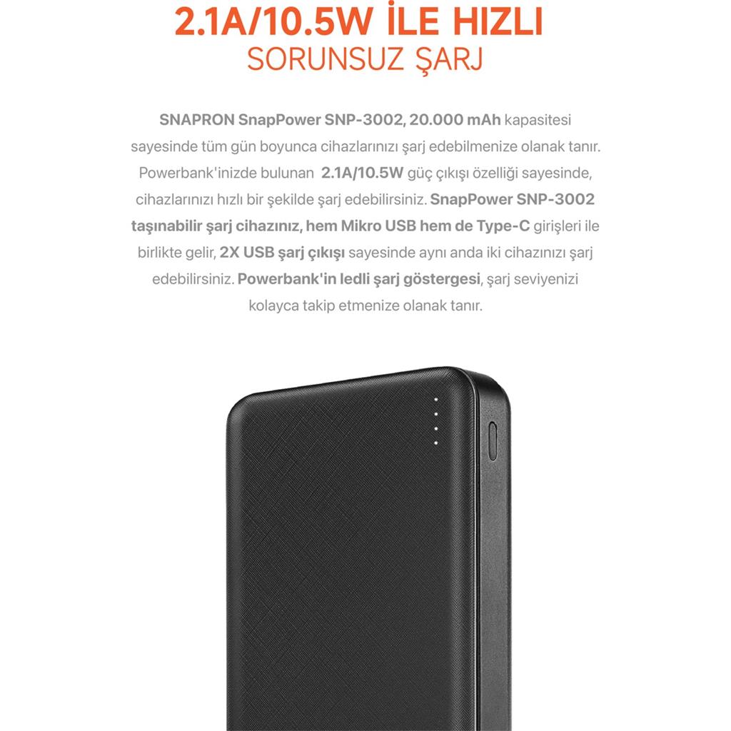 Powerbank ve Taşınabilir Şarj Cihazı Fiyatları  Snapron 20.000 Mah 1type-C Girişli SNP-3002 Siyah