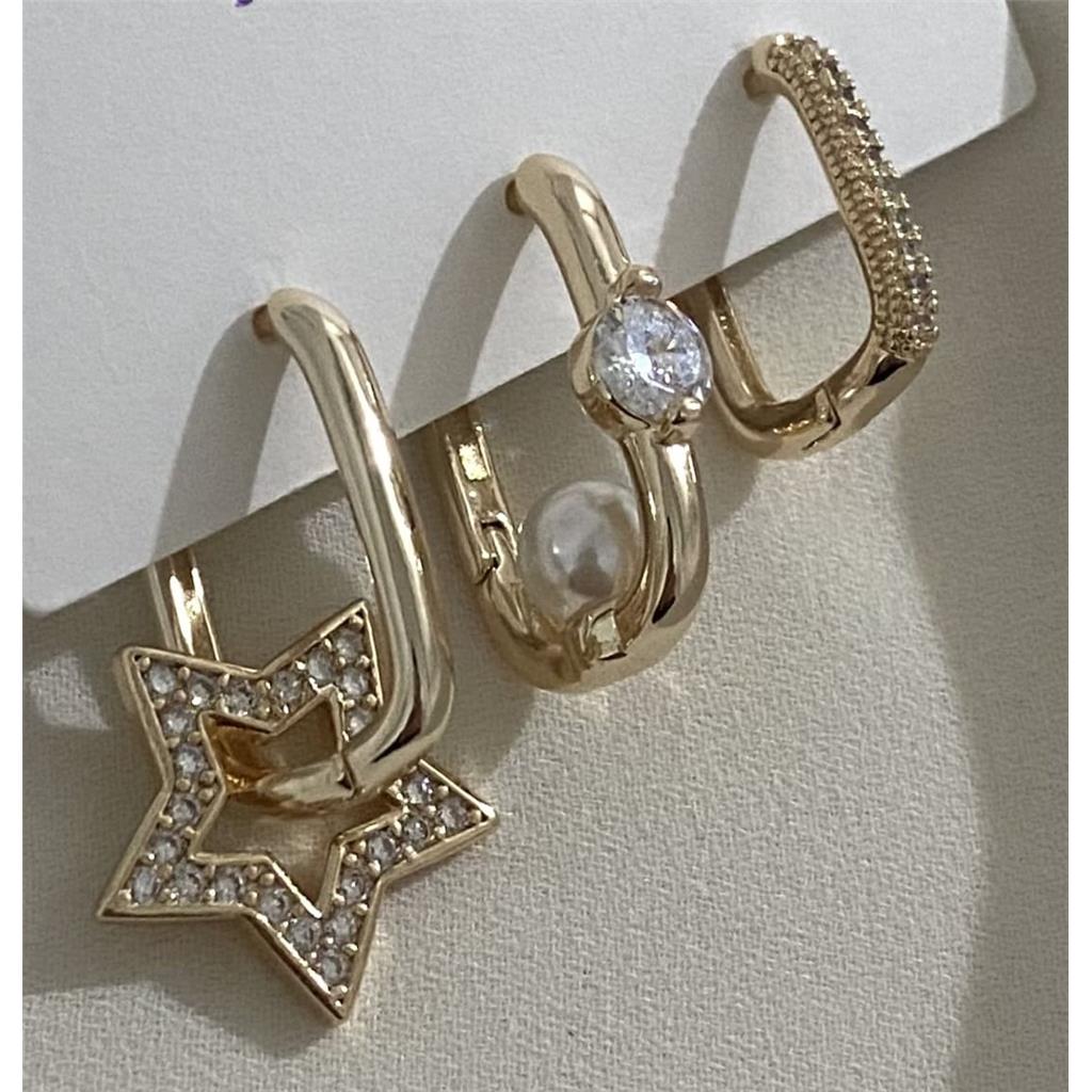 Zeycan Şık Kadın Gold Zirkon Taş Motifli Üçlü Çelik Küpe Seti